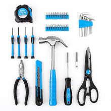 Apollo Tools 39 piece tool set model DT9706BL (blue)  shows content: pliers, tape measure, precision screwdrivers, hammer, bit driver and extension, scissors, hex keys and 1 inch bits