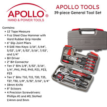 Apollo Tools 39 piece tool set red includes:

12' Tape Measure
9&nbsp;oz Steel Claw Hammer with Hard Rubber Grip Handle
6" Slip Joint Pliers
8 SAE Hex Keys: 1/16", 5/64", 3/32", 1/8", 5/32", 3/16", 7/32", and 1/4"
Bit Driver
2" Bit Connector
Ten 1" Bits 1/8", 5/32", 3/16", 1/4", PH1, PH2, PH3, PZ1, PZ2, PZ3
Ten 1" Bits: T10, T15, T20, T25, T27, T30, 1/8", 5/32", 3/16", 1/4"
18mm Knife
8" Scissors
4 Precision Screwdrivers: Phillips #1 and #0; Slotted 2.4mm and 3mm