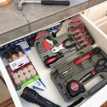 Apollo Tools 39 piece tool set model DT9706 red shown open i open drawer with hammer and nails on countertop