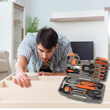 Apollo Tools 39 piece tool set DT9706OR (orange) shows man in DIY setting and open tool box in foreground