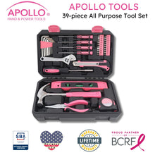 APOLLO TOOLS 39 Piece General Pink Tool Set in Storage Case with upgraded Tool Selection DT9711P shown with badges for Veteran-owned small business certification, lifetime warranty and partnership with the Breast Cancer Research Foundation