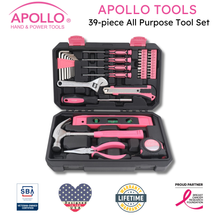 APOLLO TOOLS 39 Piece General Pink Tool Set in Storage Case with upgraded Tool Selection DT9711P shown with badges for Veteran-owned small business certification, lifetime warranty and partnership with the Breast Cancer Research Foundation
