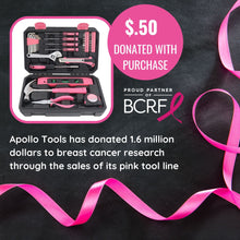 APOLLO TOOLS 39 Piece General Pink Tool Set in Storage Case with upgraded Tool Selection DT9711P Apollo Tools has donated over 1.6 million dollars to breast cancer research through the sale of its pink tool line.$.50 donated with this purchase.