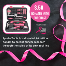 APOLLO TOOLS 39 Piece General Pink Tool Set in Storage Case with upgraded Tool Selection DT9711P Apollo Tools has donated over 1.6 million dollars to breast cancer research through the sale of its pink tool line.$.50 donated with this purchase.