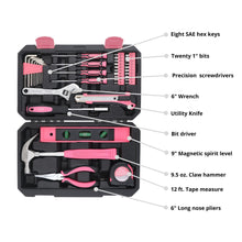 APOLLO TOOLS 39 Piece General Pink Tool Set in Storage Case with upgraded Tool Selection DT9711P includes 
* 12' Tape Measure
* 13 oz. Claw hammer
* 9” Magnetic level
* 6” Adjustable wrench
* 6” Long nose pliers
* 8 SAE Hex Keys
* Bit Driver
* Twenty 1” bits
* 4 Precision Screwdrivers
