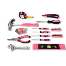 APOLLO TOOLS 39 Piece General Pink Tool Set in Storage Case with upgraded Tool Selection DT9711P shows tools: * 12' Tape Measure
* 13 oz. Claw hammer
* 9” Magnetic level
* 6” Adjustable wrench
* 6” Long nose pliers
* 8 SAE Hex Keys
* Bit Driver
* Twenty 1” bits
* 4 Precision Screwdrivers