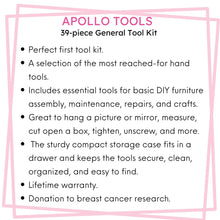 APOLLO TOOLS 39 Piece General Pink Tool Set in Storage Case with upgraded Tool Selection DT9711P Features include: * Perfect first tool kit.
* A selection of the most reached-for hand tools.
* Includes essential tools for basic DIY furniture assembly, maintenance, repairs, and crafts.
* Great to hang a picture or mirror, measure, cut open a box, tighten, unscrew, and more.
* The sturdy compact storage case fits in a drawer and keeps the tools secure, clean, organized, and easy to find.
* Lifetime warranty.
