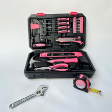 APOLLO TOOLS 39 Piece General Pink Tool Set in Storage Case with upgraded Tool Selection DT9711P shows open tool set and wrench and tape measure out of the case against white background