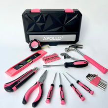 APOLLO TOOLS 39 Piece General Pink Tool Set in Storage Case with upgraded Tool Selection DT9711P shown with closed case and all tools displayed on white background