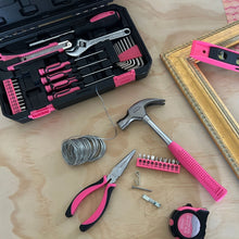 APOLLO TOOLS 39 Piece General Pink Tool Set in Storage Case with upgraded Tool Selection DT9711P shows lifestyle image with open tool set against wood and diy craft set up