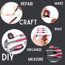 APOLLO TOOLS 39 Piece General Pink Tool Set in Storage Case with upgraded Tool Selection DT9711P shows vignette of tools and the words repair, make, craft, build, organize, diy, measure