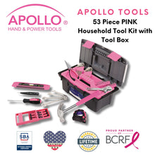 Apollo Tools 53 Piece Household Tool Kit with Tool Box Pink- DT9773P product shown with shown with Apollo Tools logo and badges including lifetime warranty, proud partner of the Breast Cancer Research Foundation, and Veteran Owned small business certification