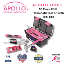 Apollo Tools 53 Piece Household Tool Kit with Tool Box Pink- DT9773P product shown with shown with Apollo Tools logo and badges including lifetime warranty, proud partner of the Breast Cancer Research Foundation, and Veteran Owned small business certification