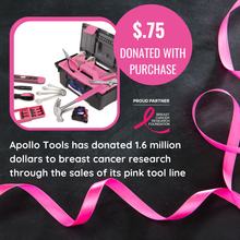 Apollo Tools 53 Piece Household Tool Kit with Tool Box Pink- DT9773P Apollo Tools has donated over 1.6 million dollars to breast cancer reaearch through the sale of its pink tool line.  $0.75 donated with each sale of this product