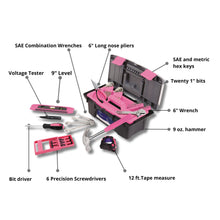 Apollo Tools 53 Piece Household Tool Kit with Tool Box Pink- DT9773P content includes:  Tape Measure
Claw Hammer
Long Nose Pliers
Adjustable Wrench
Voltage Tester
Bit Driver
Eight SAE Hex Keys
Eight Metric Hex Keys
Four SAE Combination Wrenches
Twenty 1" Bits
Level
Precision Screwdrivers
