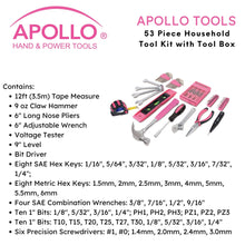 Apollo Tools 53 Piece Household Tool Kit with Tool Box Pink- DT9773P content includes Tape Measure
Claw Hammer
Long Nose Pliers
Adjustable Wrench
Voltage Tester
Bit Driver
Eight SAE Hex Keys
Eight Metric Hex Keys
Four SAE Combination Wrenches
Twenty 1" Bits
Level
Precision Screwdrivers
