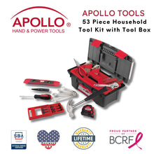 Apollo Tools 53 Piece Household Tool Kit with Tool Box - DT9773 product shown with Apollo Tools logo and badges including lifetime warranty, proud partner of the Breast Cancer Research Foundation, and Veteran Owned small business certification