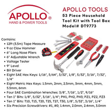 Apollo Tools 53 Piece Household Tool Kit with Tool Box - DT9773 content includes 
Tape Measure
Claw Hammer
Long Nose Pliers
Adjustable Wrench
Voltage Tester
Bit Driver
Eight SAE Hex Keys
Eight Metric Hex Keys
Four SAE Combination Wrenches
Twenty 1" Bits
Level
Precision Screwdrivers
