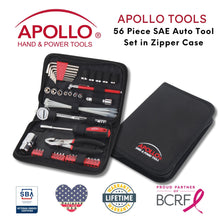 Apollo Tools 56 Piece SAE Auto Tool Set In Zipper Case - DT9774 shown with Apollo Tools logo and badges including lifetime warranty, proud partner of the Breast Cancer Research Foundation, and Veteran Owned small business certification