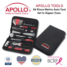 APOLLO TOOLS 56 Piece Metric Auto Tool Set In Zipper Case - DT9775 shown with Apollo Tools logo and badges including lifetime warranty, proud partner of the Breast Cancer Research Foundation, and Veteran Owned small business certification