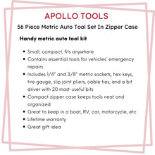 APOLLO TOOLS 56 Piece Metric Auto Tool Set In Zipper Case - DT9775