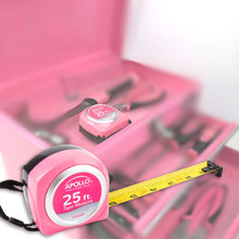 Apollo Tools 25ft. Tape Measure - Pink - DT5002P shows product and in association with other apollo tools product blurred in the background