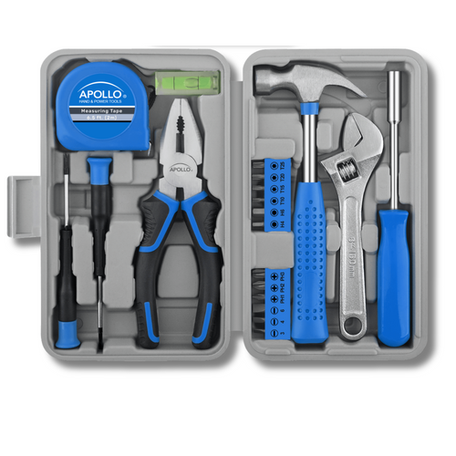 Complete Apollo Tools blue tool set with mini hammer, pliers, measuring tape, screwdrivers and wrench in organized book-size carrying case
