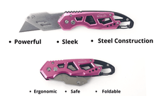 Ergonomic Stainless Steel, Lightweight, Foldable Pink Utility Knife with Carabiner Clip and Fast-Change Blade - DT5017P