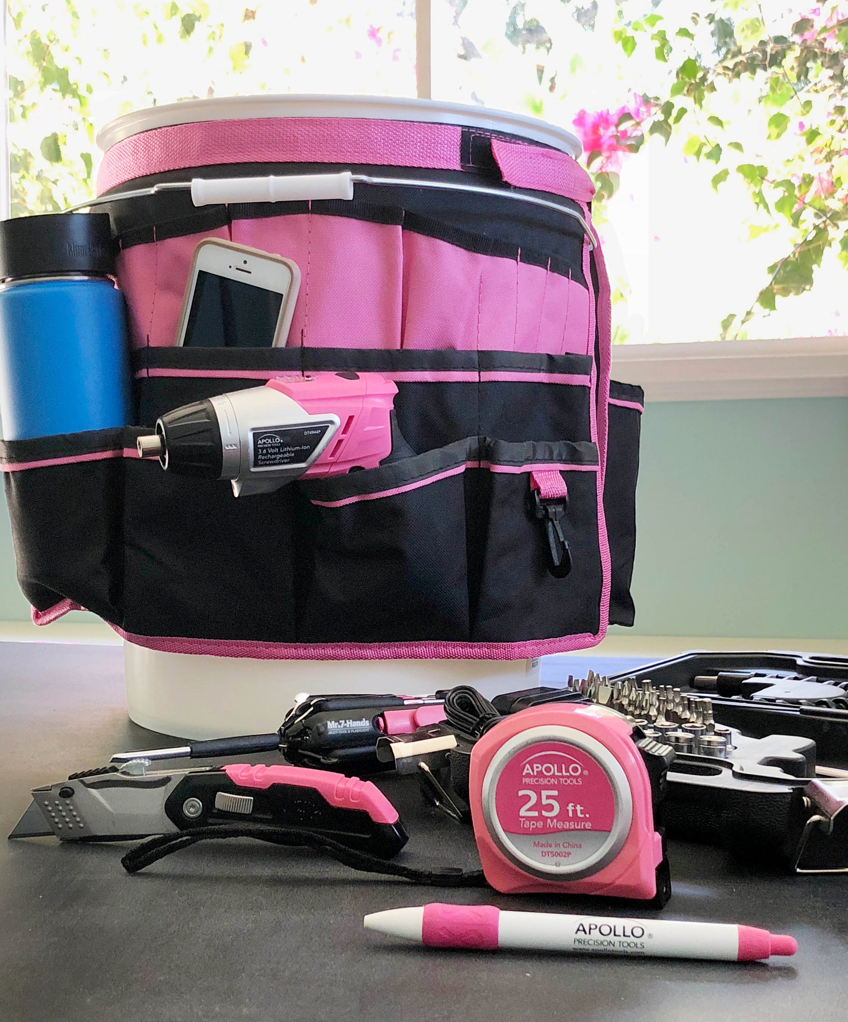 Pink bucket organizer converts bucket into storage with 34 pockets