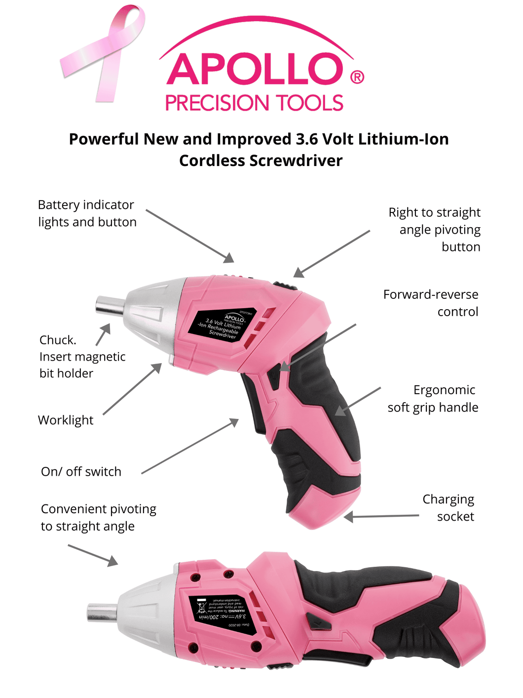 PINK Dual angle 3.6 Volt Lithium Ion Cordless Screwdriver and