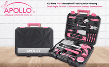 135-piece household pink tool set with a dual-angle cordless screwdriver 