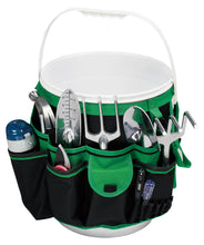 green bucket organizer shown with white bucket, tools and water flask