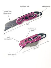 Apollo Tools pink utility knife, box cutter, easy open and easy blade change open and closed with description of features