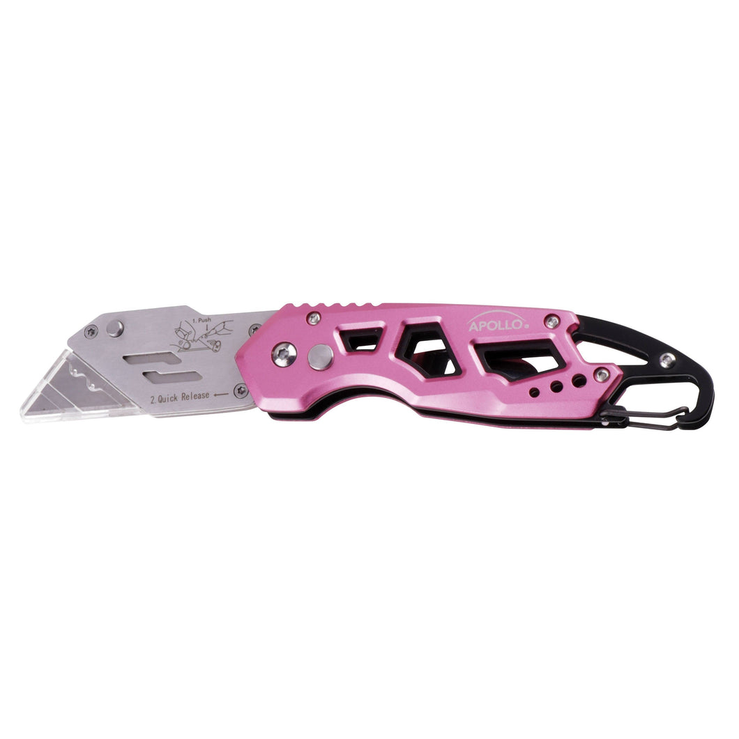 Ergonomic Stainless Steel, Lightweight, Foldable Pink Utility Knife with Carabiner Clip and Fast-Change Blade - DT5017P
