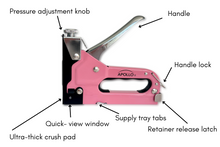 pink heavy-duty 3-in-1 construction stapler and staples type U, heavy duty and brad nails