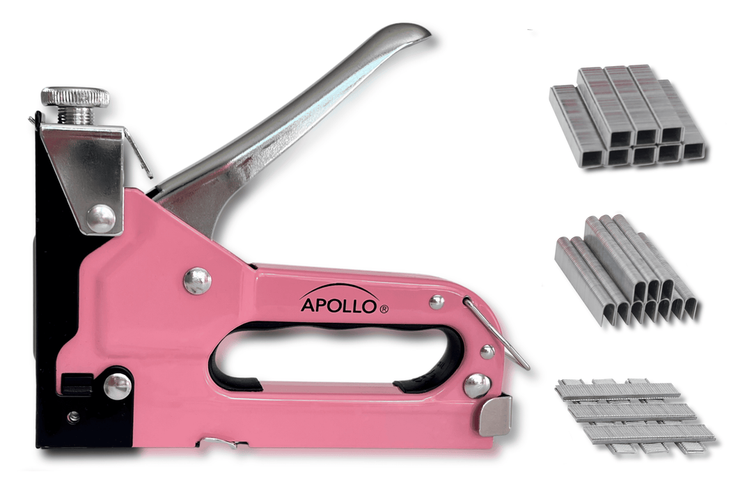 pink heavy-duty 3-in-1 construction stapler and staples type U, heavy duty and brad nails